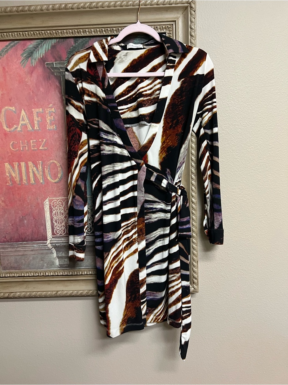 Calvin Klein Long Sleeve Wrap Dress in Black, White & Brown Stripe Print